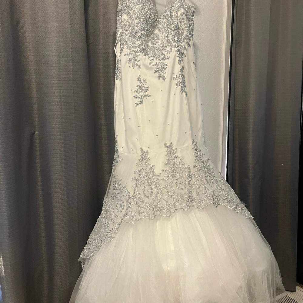 Elegant White and Silver Lace Gown